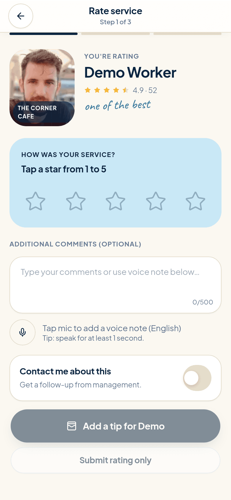 Rate service screen with a five star rating