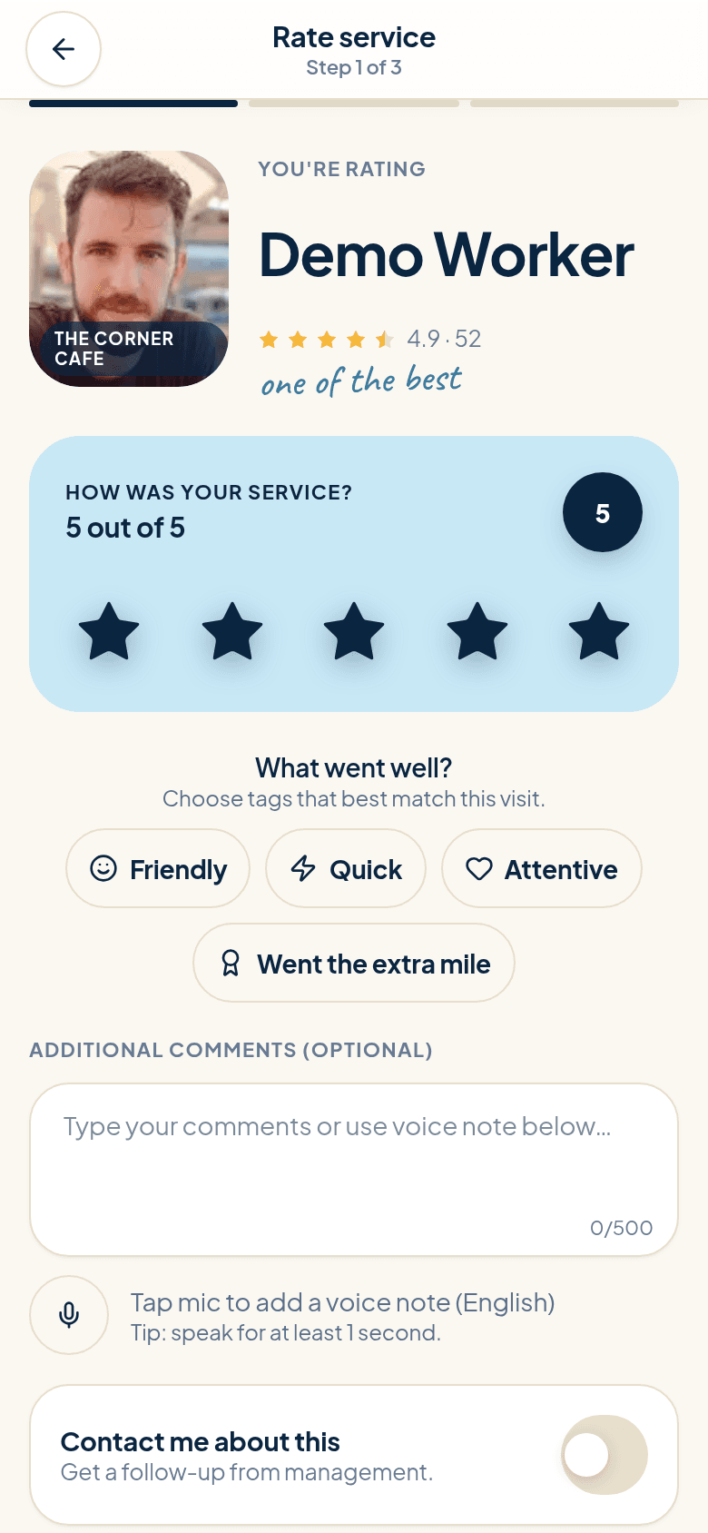 Rating captured confirmation screen