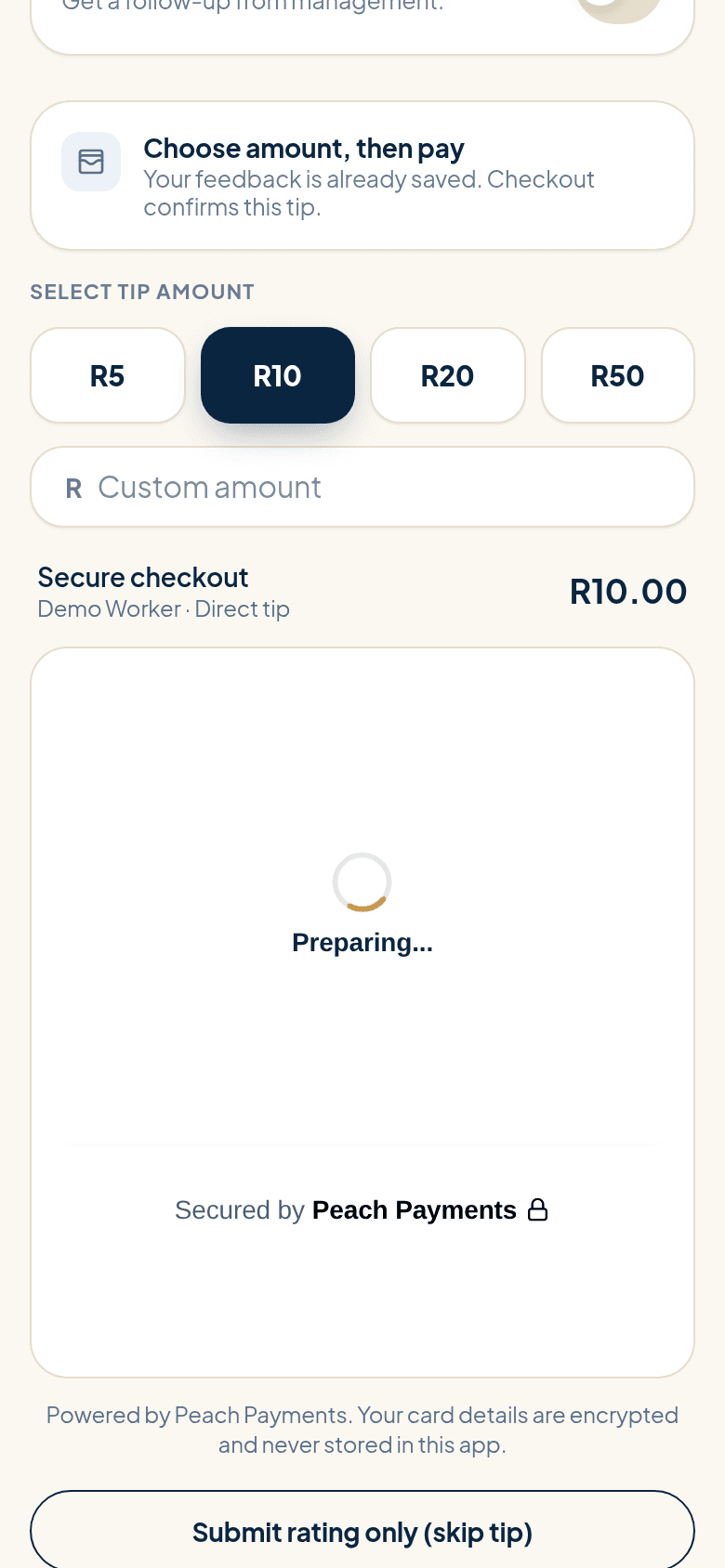 Choose tip amount screen with R5, R10, R20 and R50 options