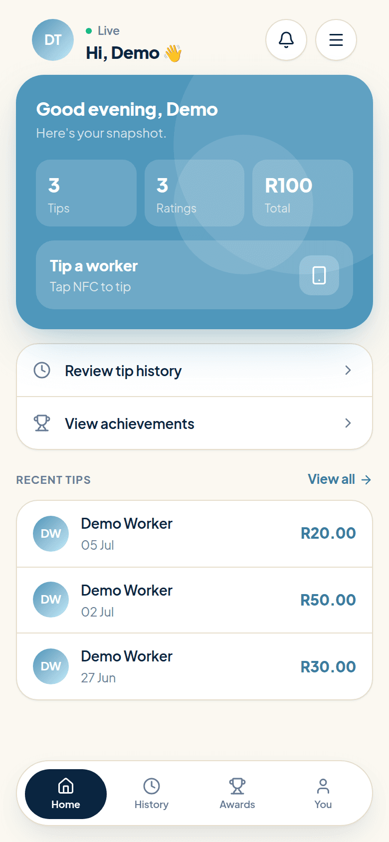 Tap Tip Tell home screen prompting an NFC tap