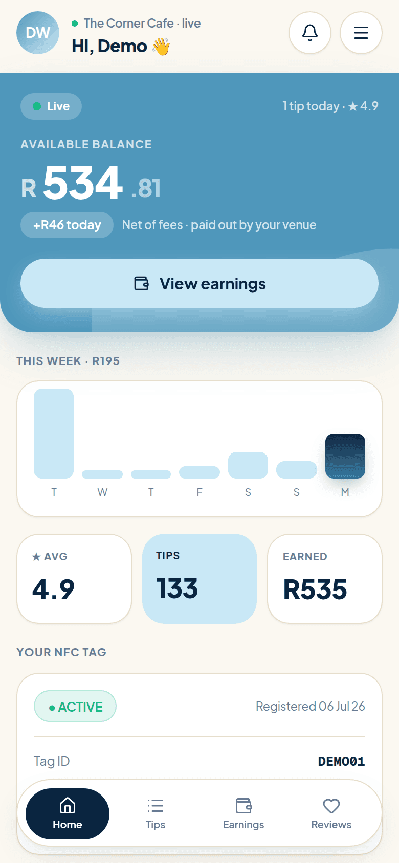 Tap Tip Tell worker dashboard showing available balance and weekly earnings